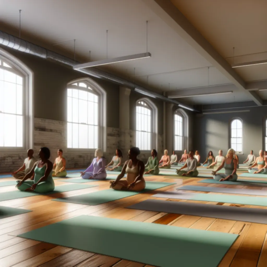Csoportos jógaóra gyakorlása nyugodt stúdiótérben