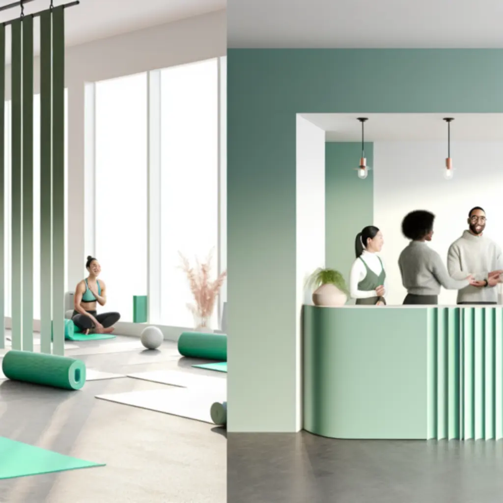 Mosolygó jógázók nyugodt stúdiótérben, tagsági üdvözlés