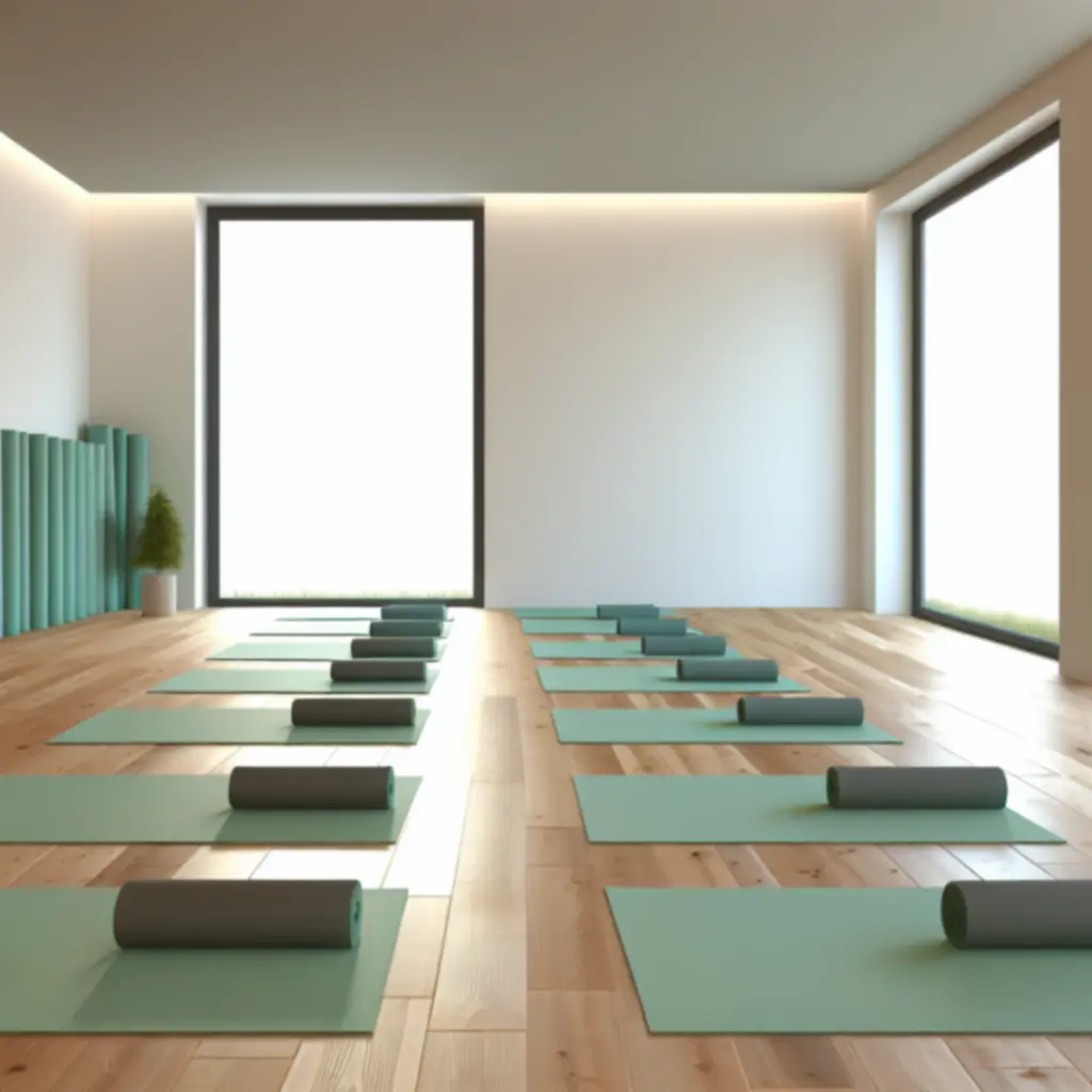 Napfényes jógaterem, előkészített matracokkal a Yogalyában